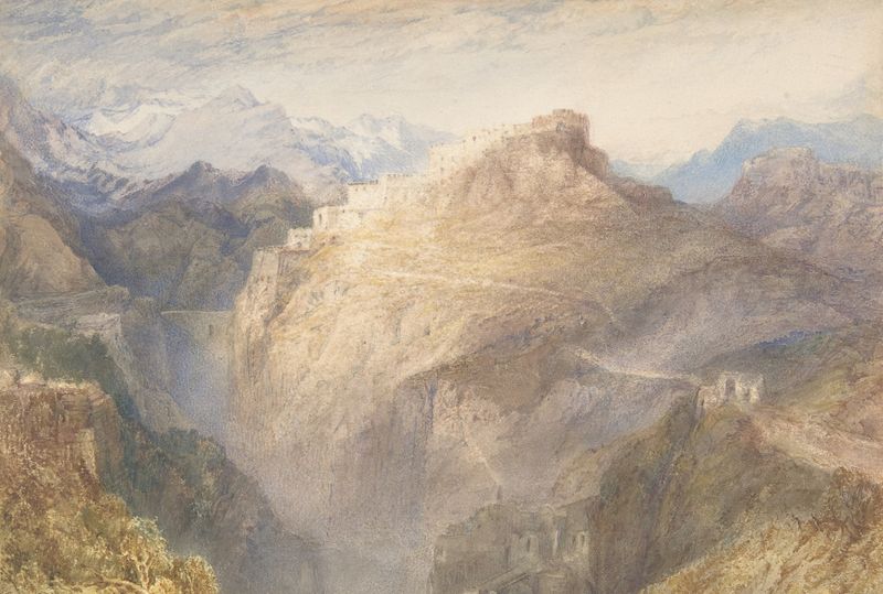 El Fuerte de L’Esseillon, óleo de Joseph Mallord William Turner, que representa un paisaje sereno con nubes.