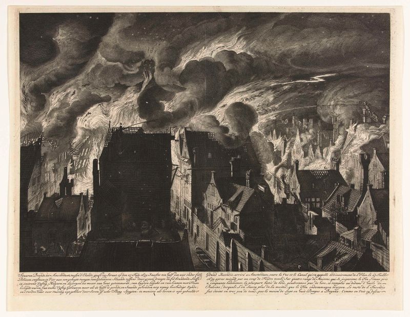 Het blussen van de zware brand aan de Elandsgracht, etching by Jan van der Heyden