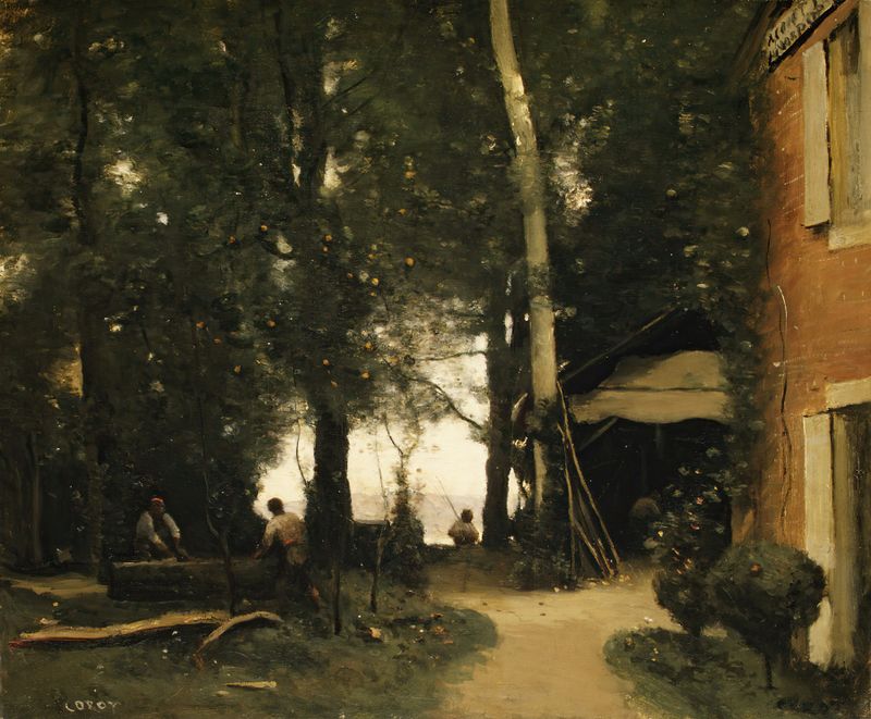 As Margens do Sena em Conflans por Jean-Baptiste-Camille Corot, óleo sobre tela, retratando uma paisagem fluvial.
