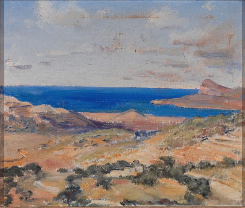 Marine scene depicting a golden shore and blue sea by Eleanor Harris