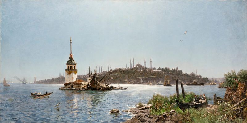 Escena marina que representa la Torre de Leandro y la ciudad antigua de Carl Saltzmann, óleo