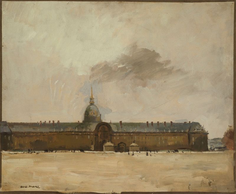 Les Invalides de André-Charles Mare, retratando arquitetura com chiaroscuro, meio desconhecido