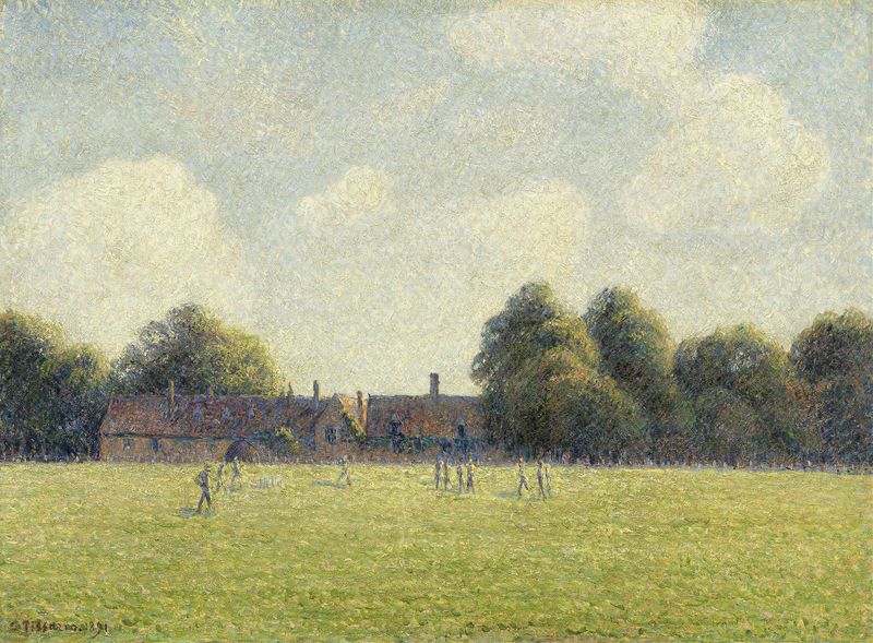 Hampton Court Green de Camille Pissarro, óleo sobre tela que retrata vegetação exuberante e luz filtrada.