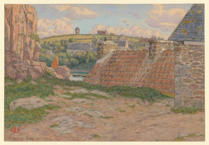 Paisagem pós-impressionista de Henri Rivière, retratando casas pitorescas perto de um porto.