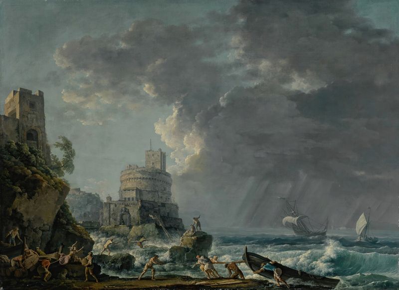 A storm off a rocky coast, shipwreck in foreground, oil painting by Carlo Bonavia