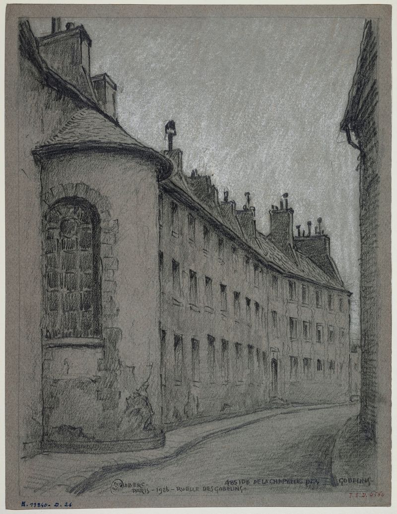 Interior view of L’abside de la chapelle des Gobelins by Ferdinand Boberg, featuring stained glass.