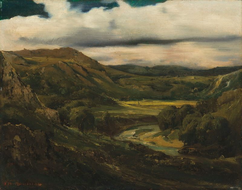 Paisagem de Vallée et montagnes d’Auvergne, óleo sobre tela de Théodore Rousseau