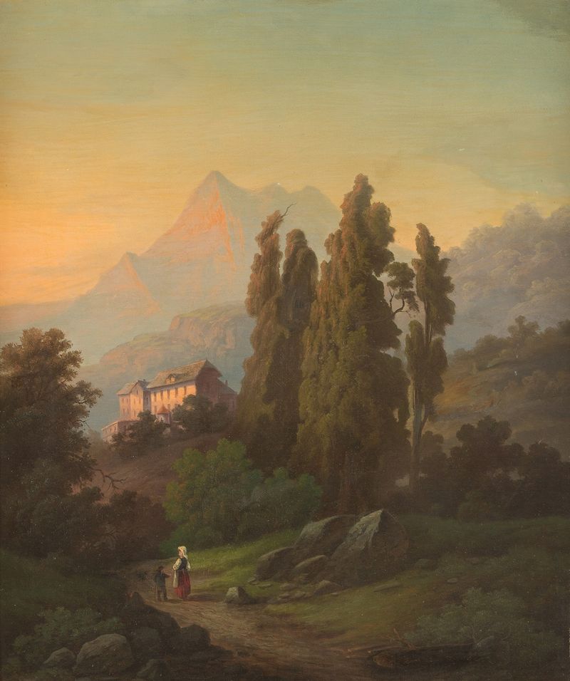Pôr do sol sobre os picos tiroleses por Josef Heilmaier, pintura a óleo