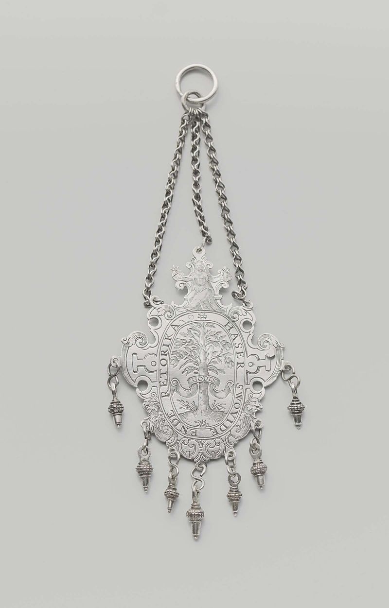 Arte decorativa com um emblema, flores e uma faixa de Bartholomeus Willemsz. Dolendo