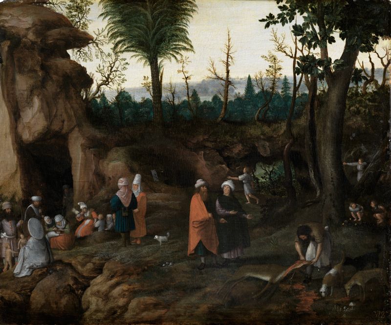Felslandschaft mit Nomadenfamilien de Cornelis van Dalem, óleo sobre painel retratando famílias nômades em uma paisagem mo...