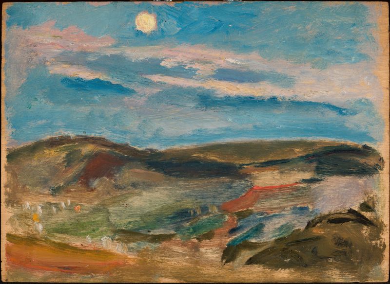Moonlit Hill de Tadeusz Makowski, pintura a óleo que retrata uma colina texturizada sob a luz da lua.
