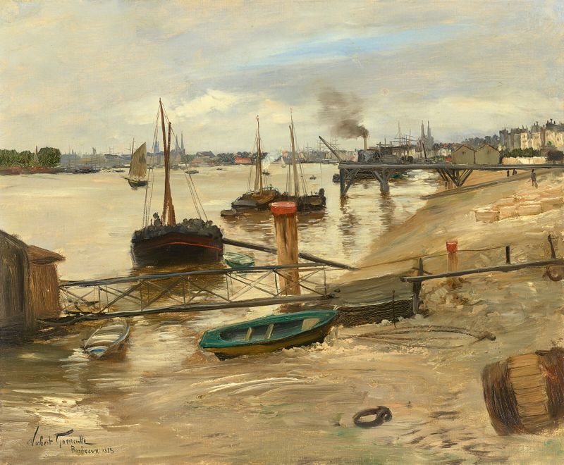 Le port de Bordeaux, pintura al óleo de Norbert Goeneutte, que representa un puerto animado al amanecer.