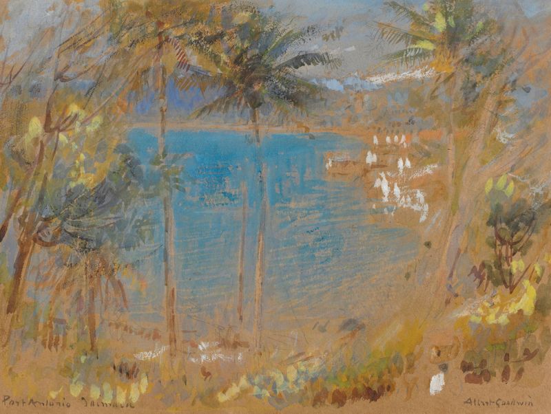 Watercolor on paper by Albert Goodwin depicting a blue hole in Port Antonio, Jamaica