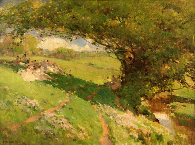 Paisaje con colinas onduladas y agua serena de William Henry Holmes