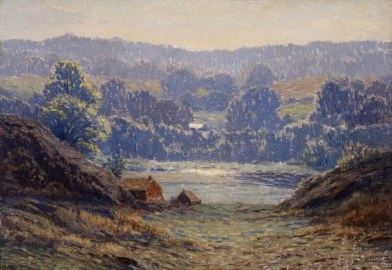 Landscape with sunlight, trees, and a pond by Leonard Ochtman, oil painting.