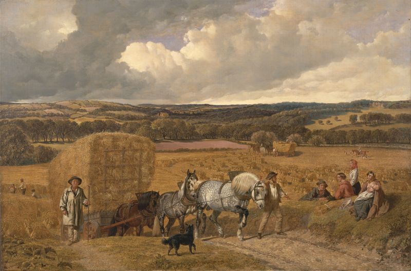 Landscape of wheat fields in The Harvest by John Frederick Herring Snr., oil painting