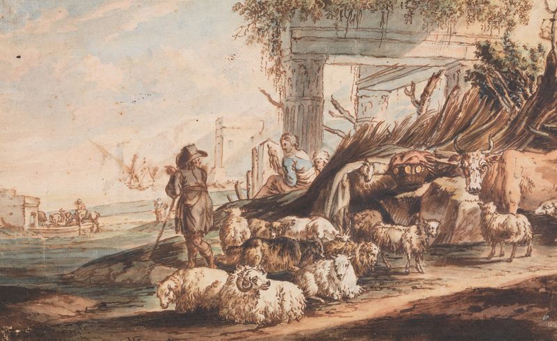 Shepherd with sheep and a cow among ruins, oil painting by Jan Baptist Weenix