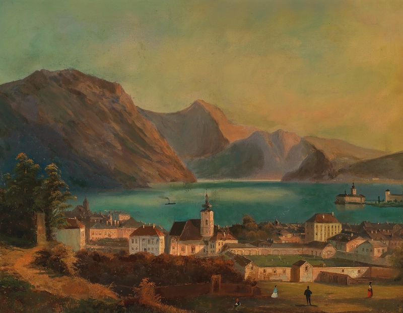 A View of Gmunden, 1864 by Ferdinand Lepie, oil painting depicting a tranquil lake and Schloss Orth.