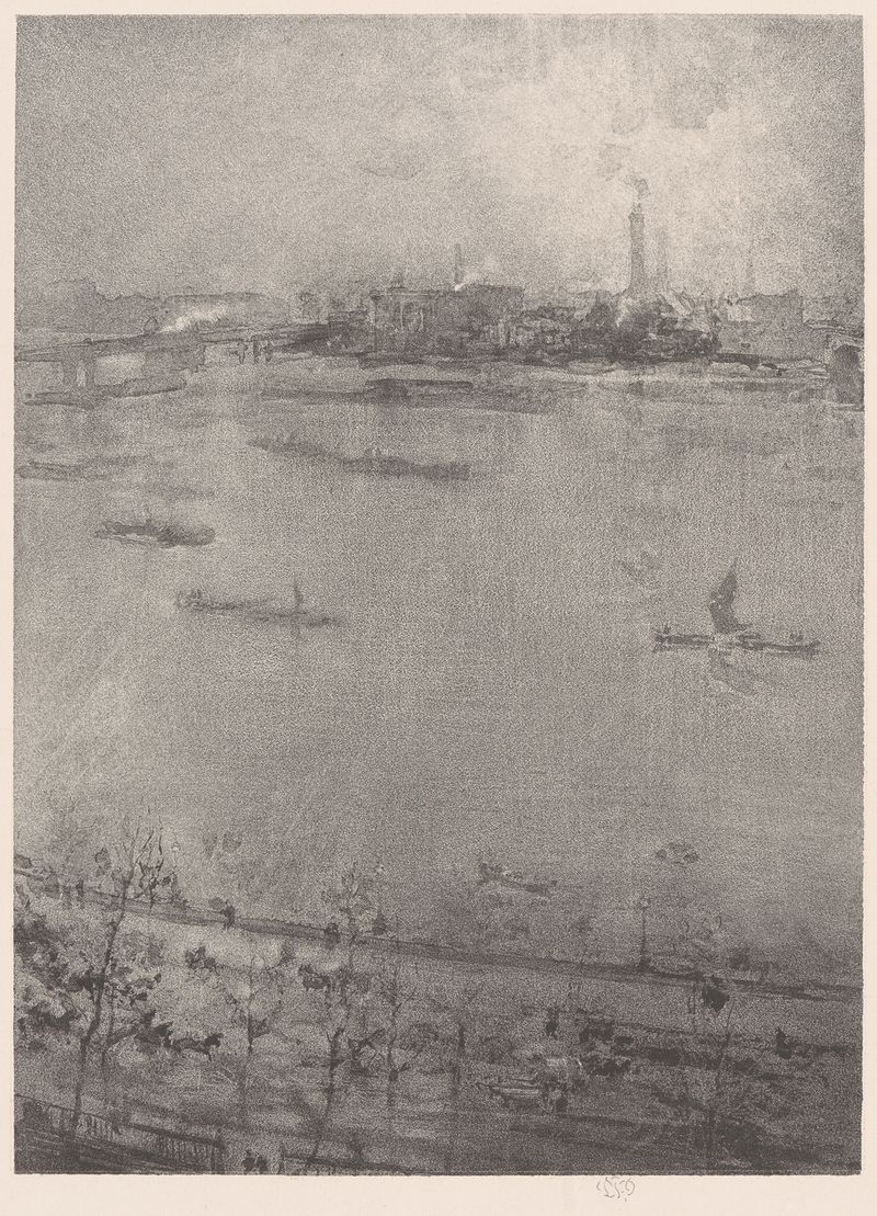 The Thames de James Abbott McNeill Whistler, óleo que representa un río y cielo.