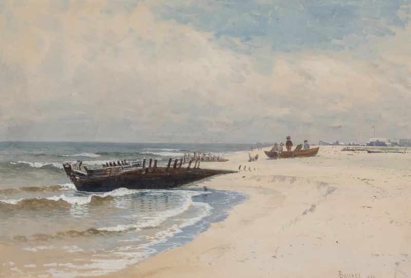Low Tide by Alfred Thompson Bricher, oil painting depicting a serene shoreline at low tide.