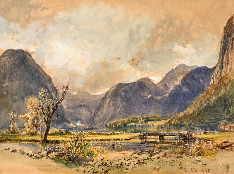 Lake Hallstadt de Rudolf von Alt, óleo sobre lienzo, paisaje sereno con montañas y aguas reflectantes
