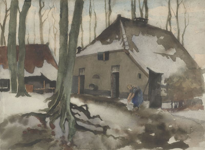 Cena figurativa de uma mulher na neve, pintura a óleo de Willem Witsen