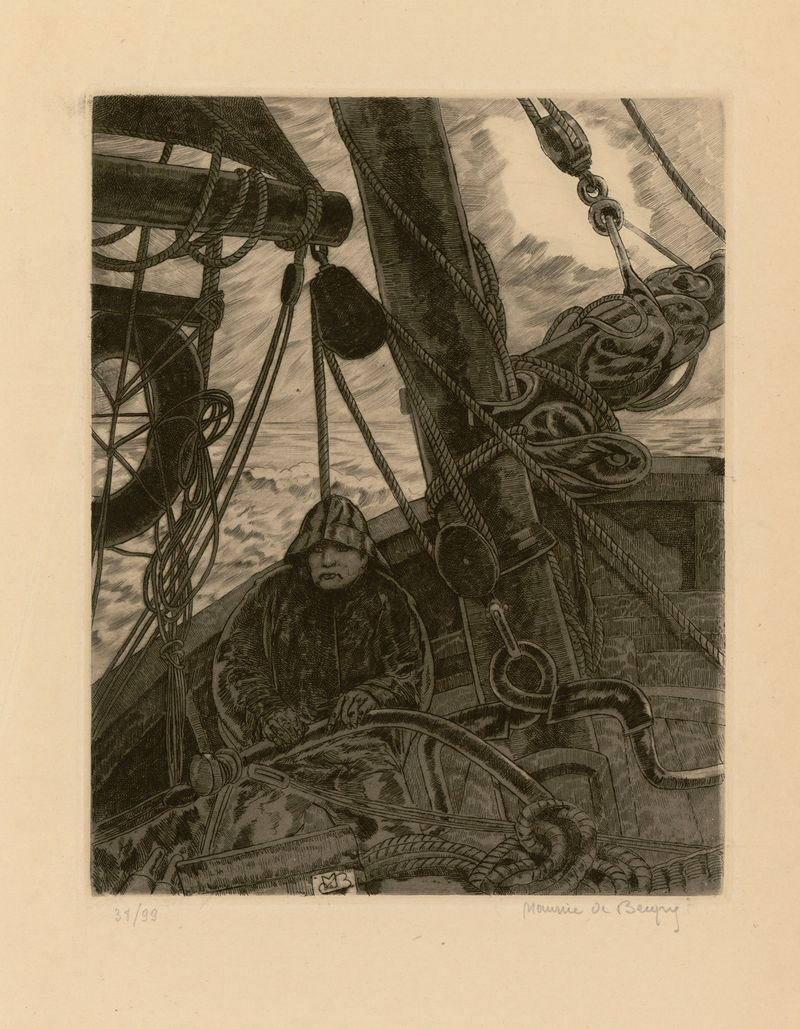 Marine scene by Maurice Jaubert de Becque, oil painting featuring figures and light.