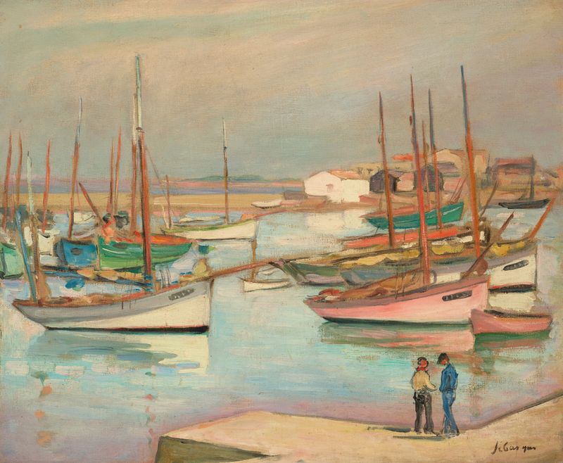 Landscape of harbor with charming houses, oil painting by Henri Lebasque