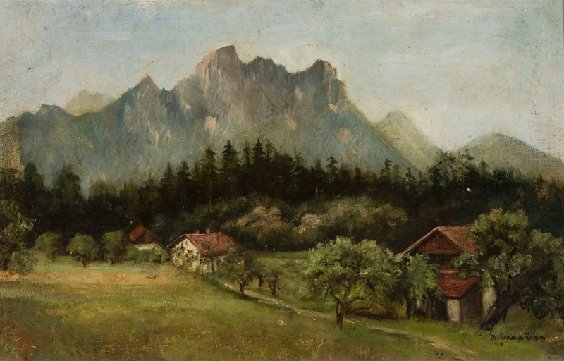 Settlement in the Mountains by Marie Ibsen Jensen, oil painting depicting serene twilight landscape.