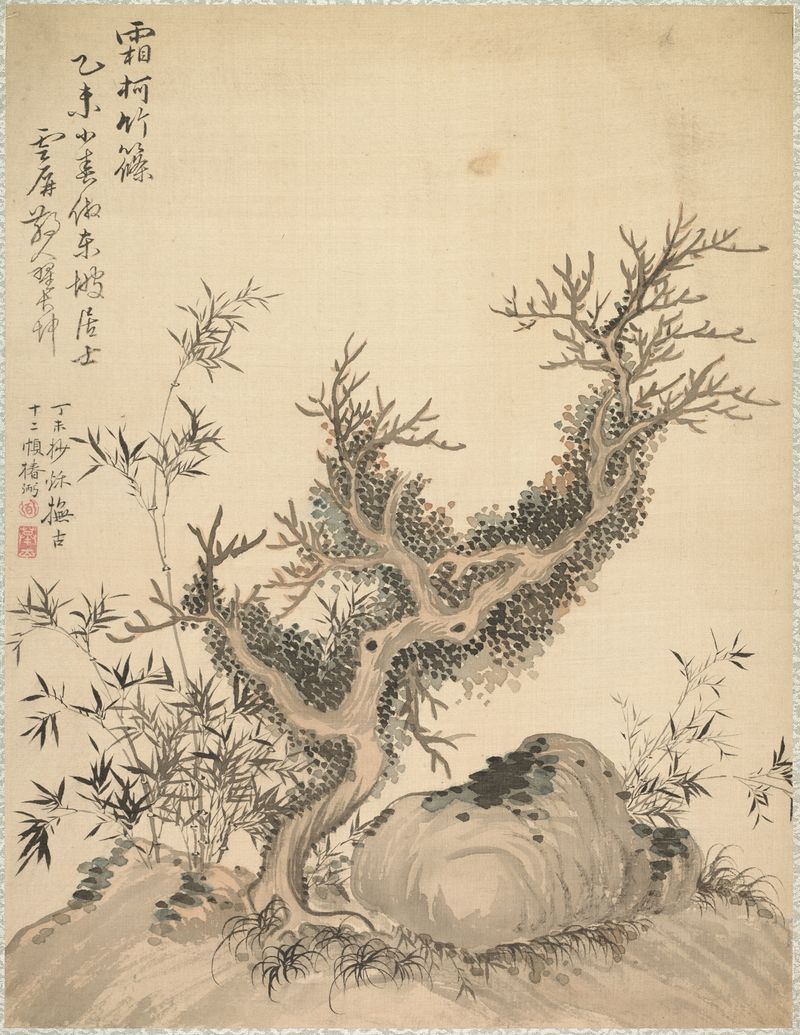 Frosted Branches and Dwarf Bamboo, ink on silk by Tsubaki Chinzan