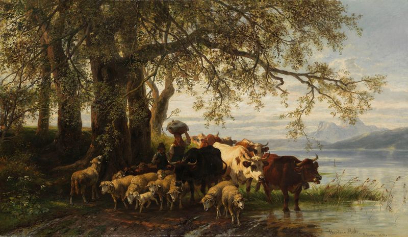 Genre scene depicting a farmer woman and shepherd boy with cattle and sheep by Christian Mali