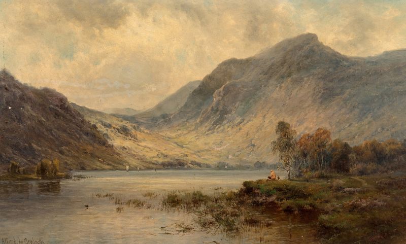 Loch Katrine oil painting by Alfred de Bréanski showing tranquil waters and lush nature