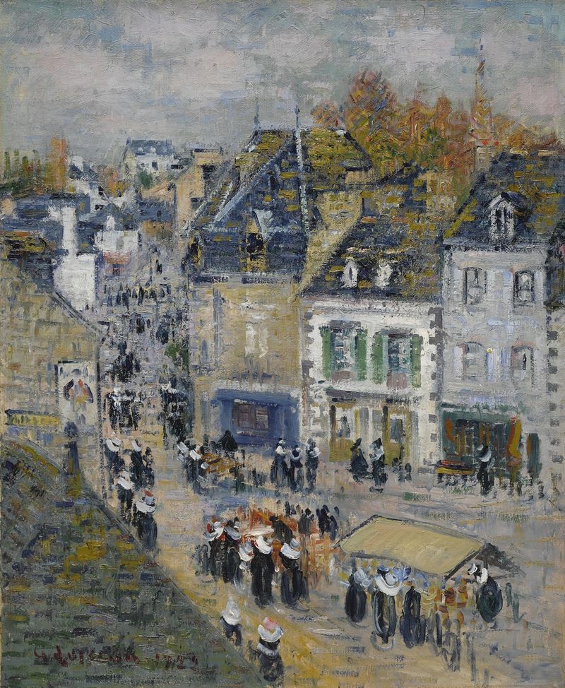 Marché à Pont-Aven de Gustave Loiseau, óleo sobre lienzo que representa una animada escena de mercado.