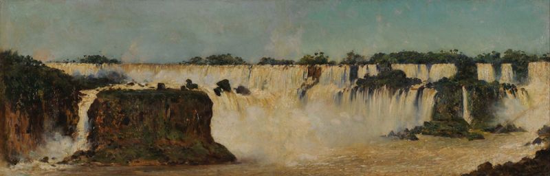 La cascada del Iguazú de Augusto Ballerini, pintura a óleo que retrata uma cachoeira em uma selva exuberante.