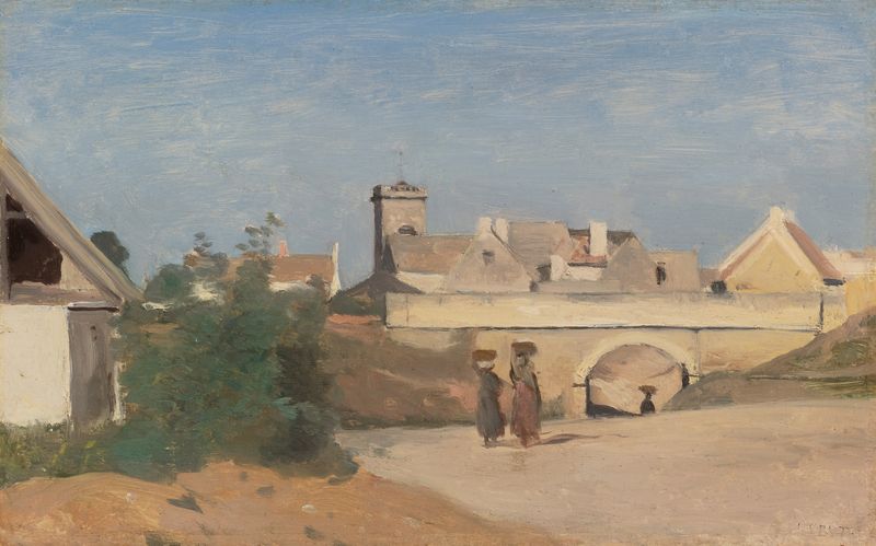 Paisaje con un río y un pueblo de Jean-Baptiste-Camille Corot, óleo