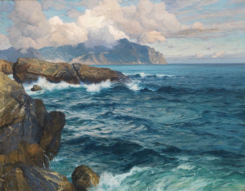 Impressionist landscape by Karl Theodor Boehme, depicting twilight colors in Abendstimmung in Nervi
