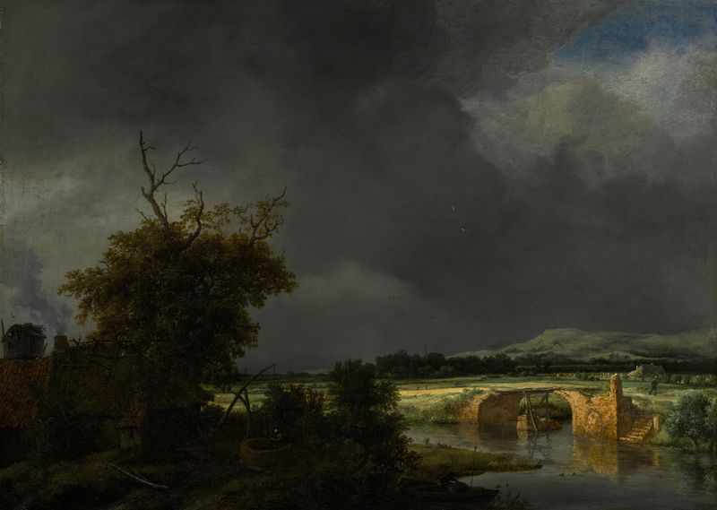 Paisagem com uma cabana e uma ponte de pedra sob um céu nublado por Jacob van Ruisdael, pintura a óleo