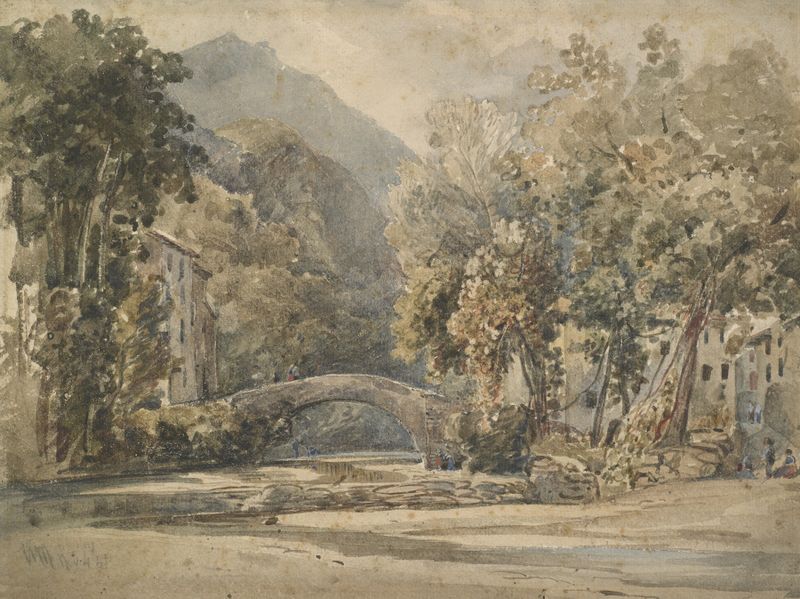 Landscape with Bridge by William James Müller, oil painting depicting a tranquil river scene.