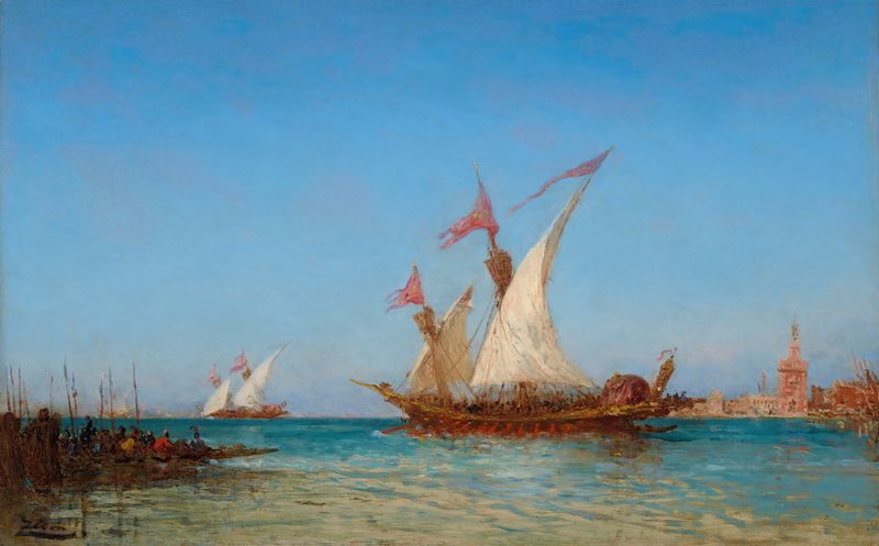 Escena marina de barcos en una regata, pintura al óleo de Félix Ziem