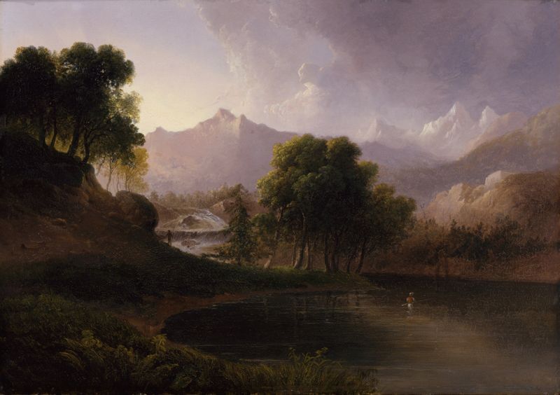 Paisagem com Riacho e Montanhas, óleo sobre tela de Thomas Doughty, apresentando um riacho sereno e montanhas.
