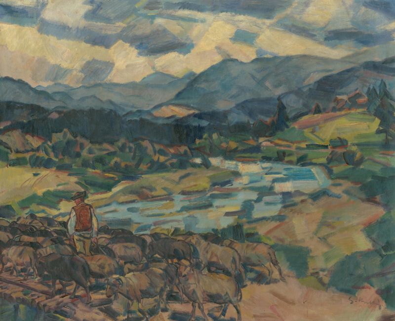 To the Pasture by Gustáv Mallý, oil on canvas depicting lush green fields and rolling hills under golden light