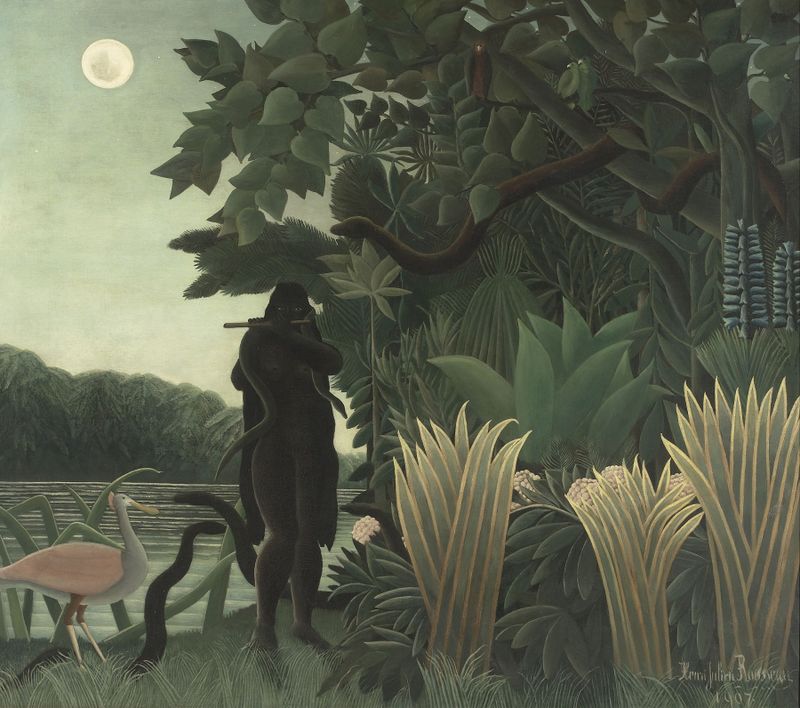 The Snake Charmer, oil painting by Henri Rousseau, depicts a boy with a snake in a vibrant setting.