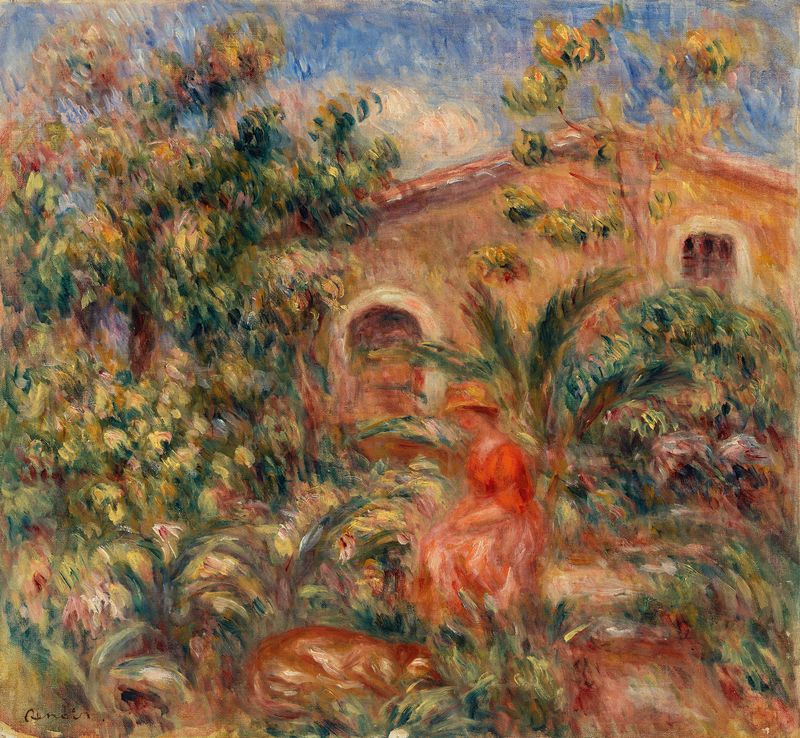 Femme et chien dans un paysage, óleo sobre lienzo de Pierre-Auguste Renoir