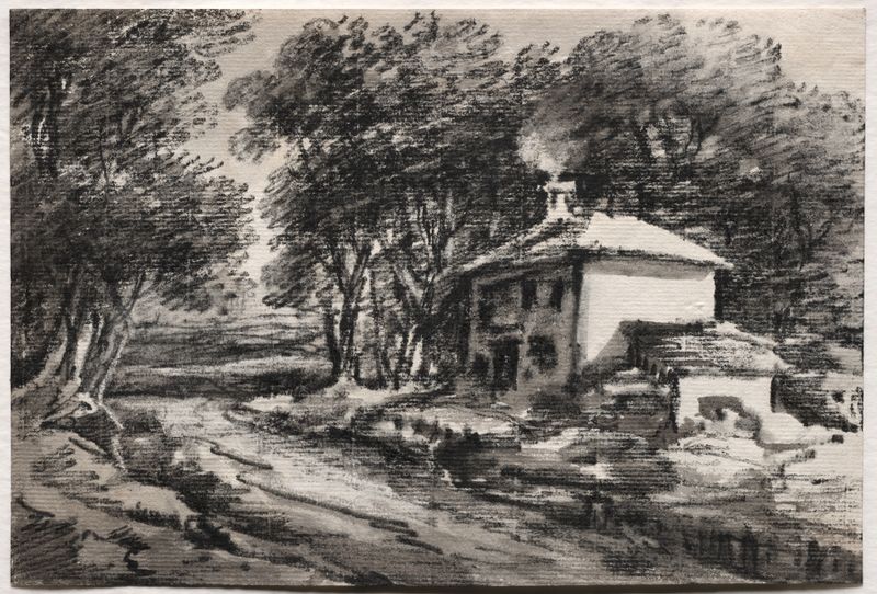 Paisagem com Cabana de Dr. Thomas Monro, pintura a óleo que retrata vegetação exuberante.