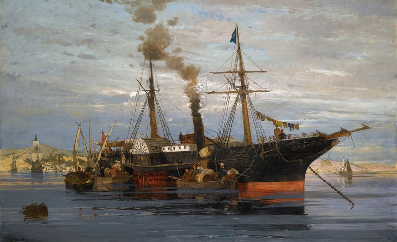 The Departure by Konstantinos Volanakis, oil on canvas depicting a ship in vibrant waves.