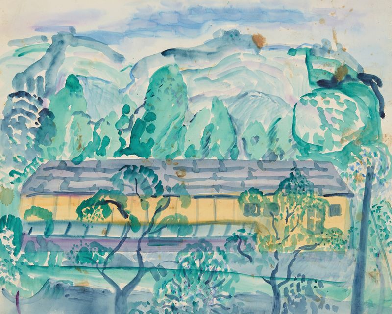 Haus im Grünen by Anny Dollschein, impressionism, depicting a house surrounded by trees and light.