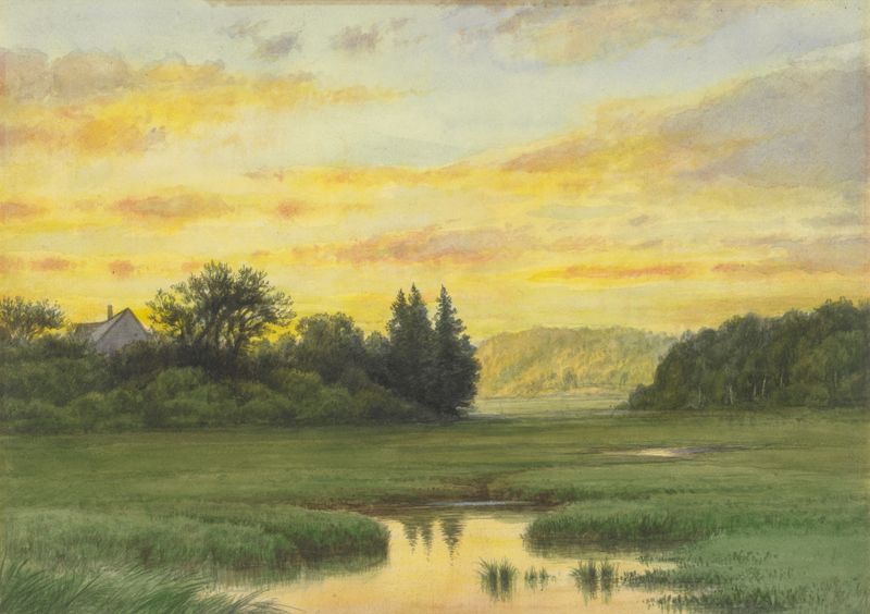 Oil painting by George Edward Candee featuring hills and a river