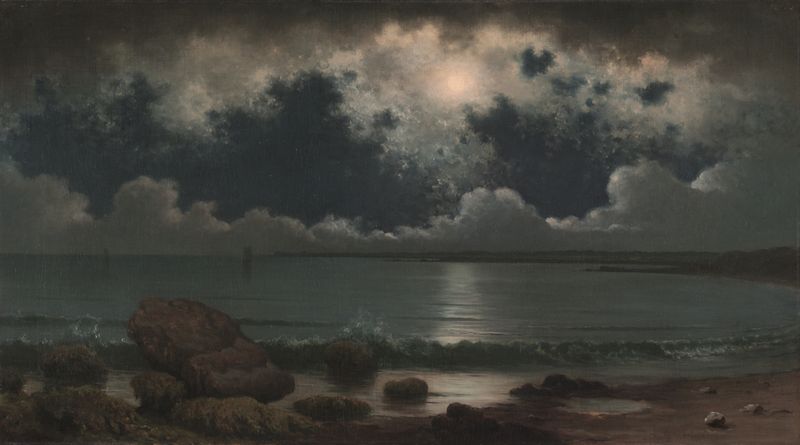 Paisaje al atardecer con agua y costa rocosa, pintura al óleo de Martin Johnson Heade
