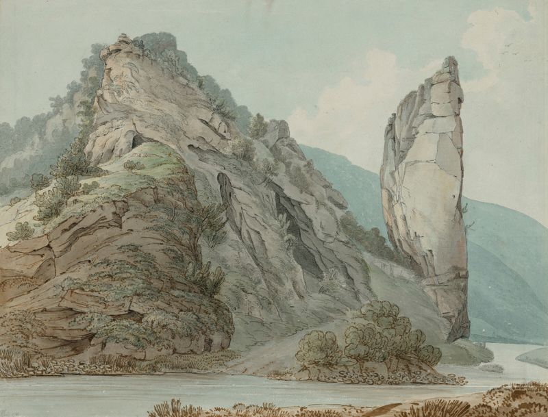Ilam Rock, Dovedale by William Day, watercolor on paper depicting a rocky landscape at dusk