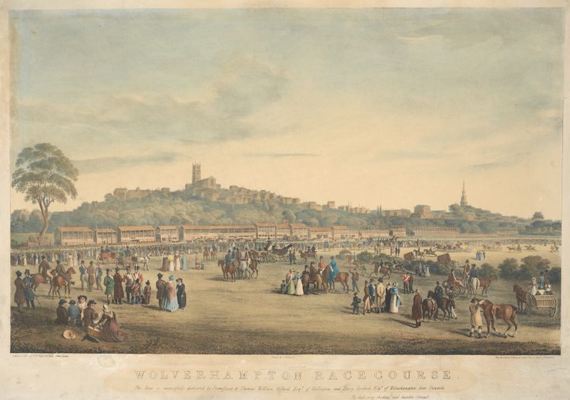 Wolverhampton Race Course, óleo sobre lienzo de Thomas Mann Baynes que representa una carrera de caballos con jinetes en m...